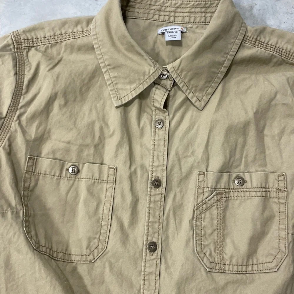 Carhartt Womens Brown Duck Short Sleeve Top Blouse Button Down Size Medium 8-10 - Picture 5 of 7